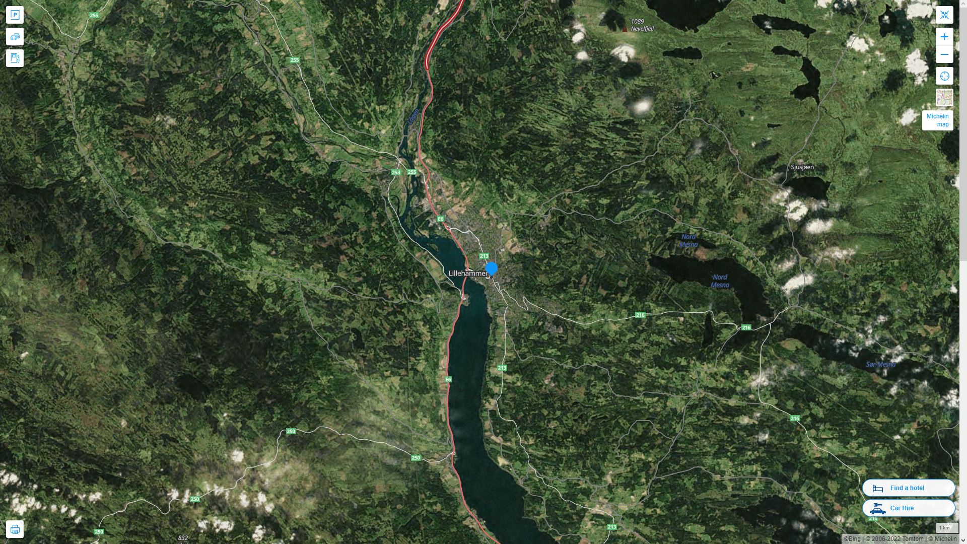 Lillehammer Norvege Autoroute et carte routiere avec vue satellite